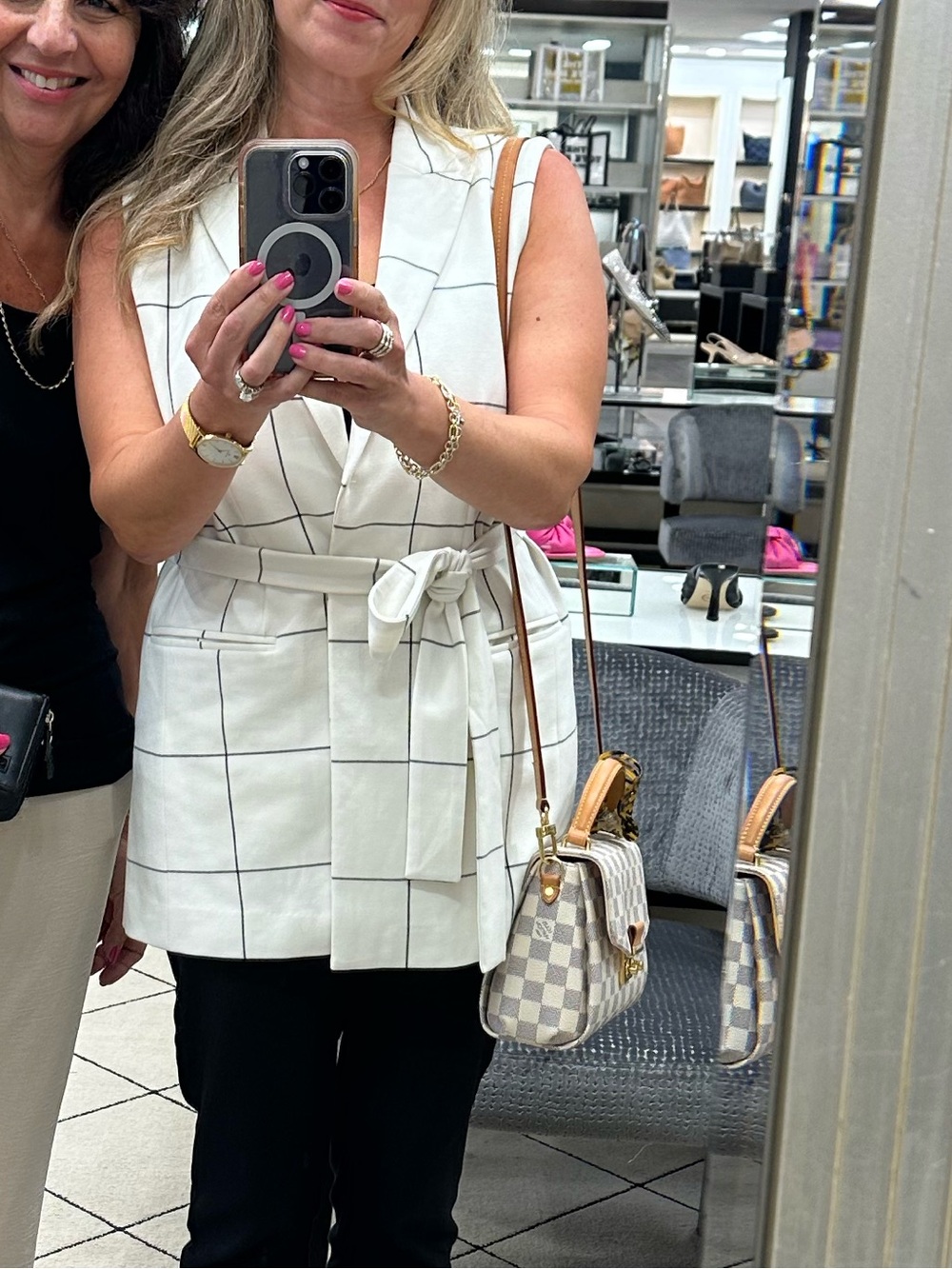 Ann Taylor Cream Windowpane Sleeveless Belted Vest - Picture 4 of 4